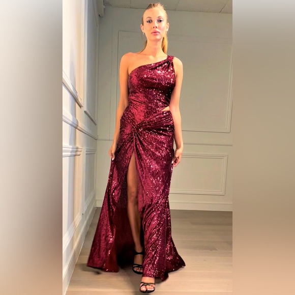 Nicole Bakti Burgundy Sequin Gown - Picture 3 of 13